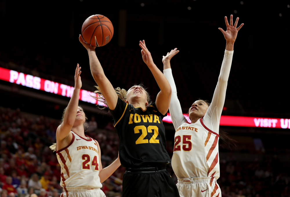 Iowa Hawkeyes guard Kathleen Doyle (22) against the Iowa State Cyclones Wednesday, December 11, 2019 at Hilton Coliseum in Ames, Iowa(Brian Ray/hawkeyesports.com)