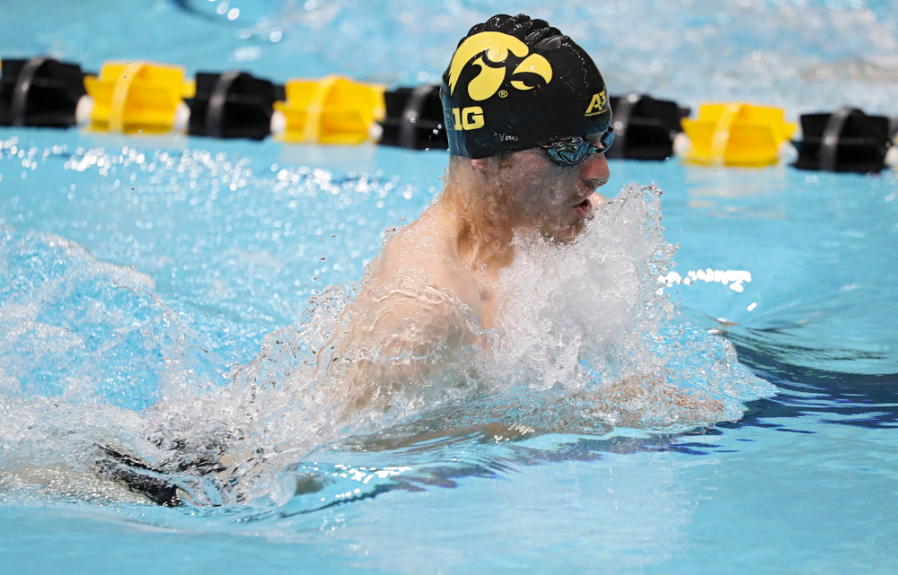 Iowa’s Tom Schab swims the men’s 50-yard breaststroke event during their meet against Michigan State at the Campus Recreation and Wellness Center in Iowa City on Thursday, Oct 3, 2019. (Stephen Mally/hawkeyesports.com)