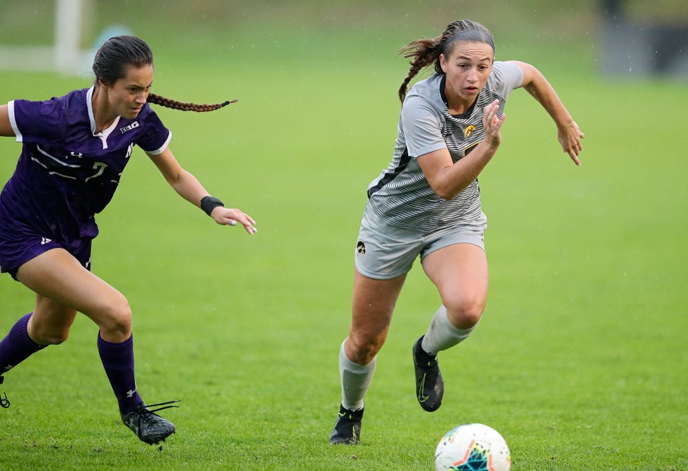 Iowa defender Riley Whitaker (5) chases down the ball during the second half of their match at the Iowa Soccer Complex in Iowa City on Sunday, Sep 29, 2019. (Stephen Mally/hawkeyesports.com)