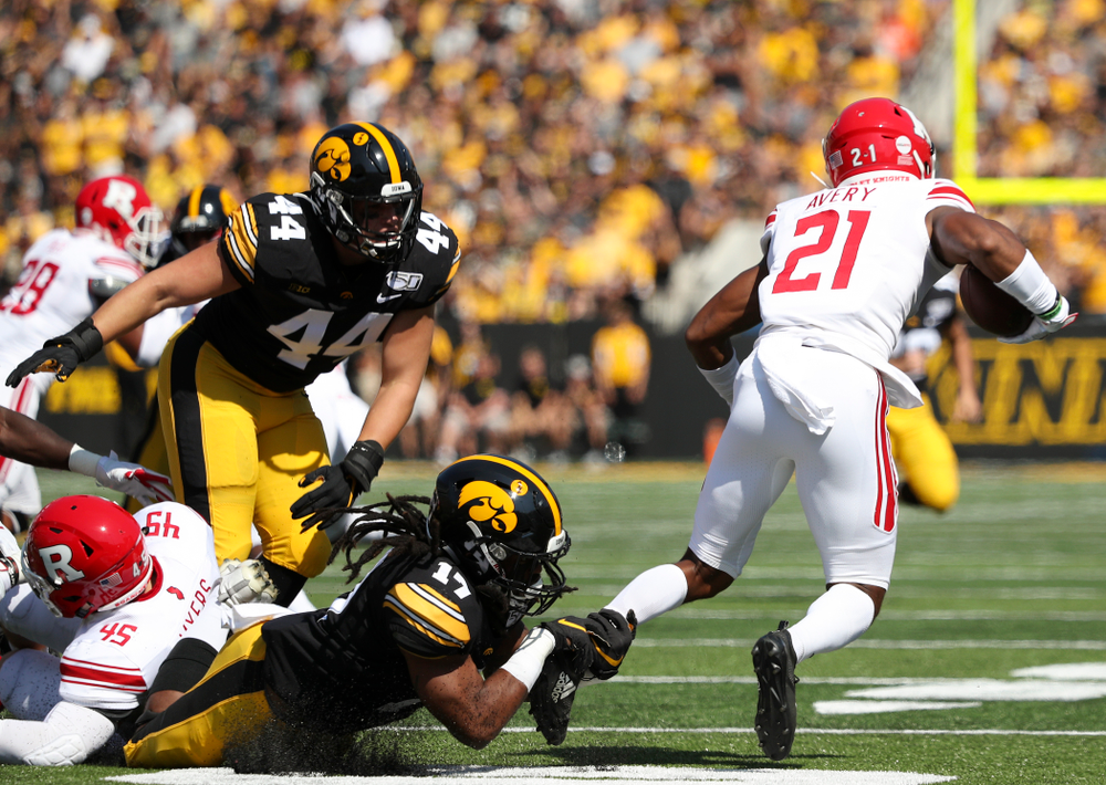 Iowa Hawkeyes defensive back Devonte Young (17) makes a tackle during the first quarter of their Big Ten Conference football game at Kinnick Stadium in Iowa City on Saturday, Sep 7, 2019. (Stephen Mally/hawkeyesports.com)
