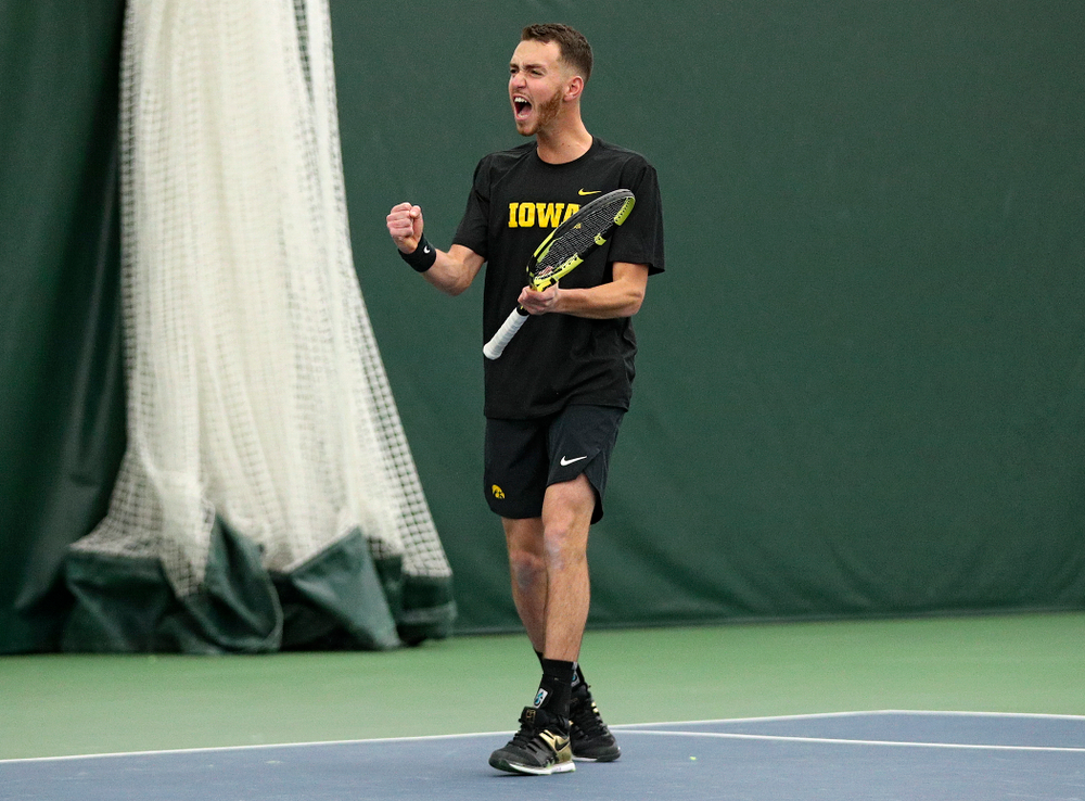 Iowa’s Kareem Allaf celebrates during his doubles match at the Hawkeye Tennis and Recreation Complex in Iowa City on Friday, February 14, 2020. (Stephen Mally/hawkeyesports.com)