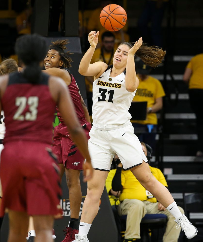 Iowa Hawkeyes forward Paula Valino Ramos (31) fights for a rebound during a game against North Carolina Central at Carver-Hawkeye Arena on November 17, 2018. (Tork Mason/hawkeyesports.com)