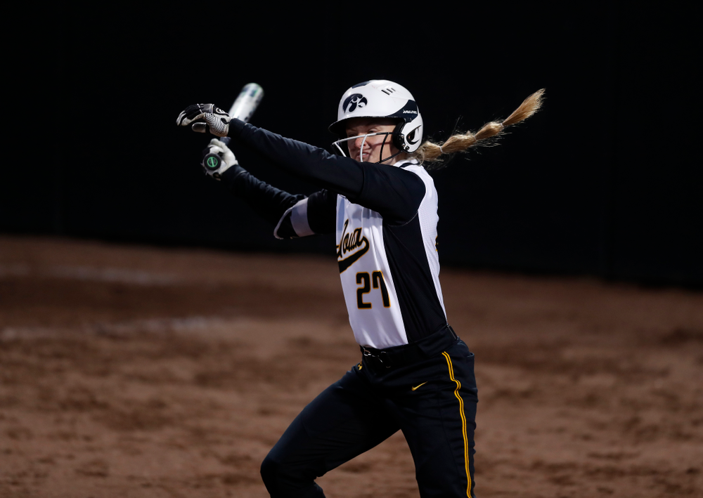 Iowa Hawkeyes outfielder Cheyenne Pratt (27) against Western Illinois Tuesday, April 17, 2018 at Bob Pearl Field. (Brian Ray/hawkeyesports.com)
