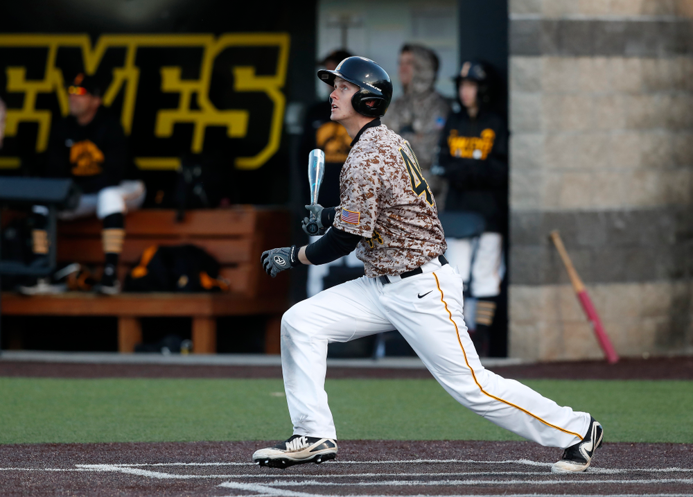 Iowa Hawkeyes outfielder Robert Neustrom (44) against the Ohio State Buckeyes Saturday, April 7, 2018 at Duane Banks Field. (Brian Ray/hawkeyesports.com)