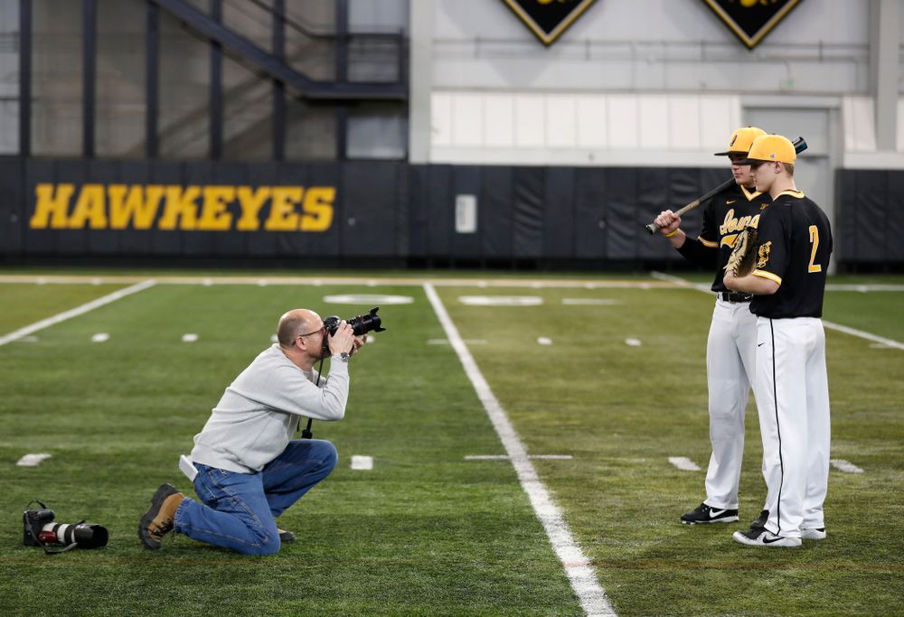 Iowa Hawkeyes catcher Matt Berst (13) and pitcher Zach Daniels (2) during the team's annual media day Thursday, February 8, 2018 in the indoor practice facility. (Brian Ray/hawkeyesports.com)