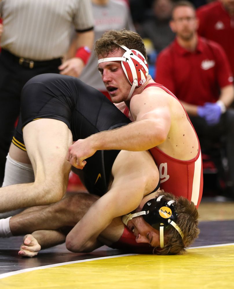 Iowa's Mitch Bowman wrestles Indiana's Jacob Covaciu at 174 pounds Friday, February 15, 2019 at Carver-Hawkeye Arena. (Brian Ray/hawkeyesports.com)