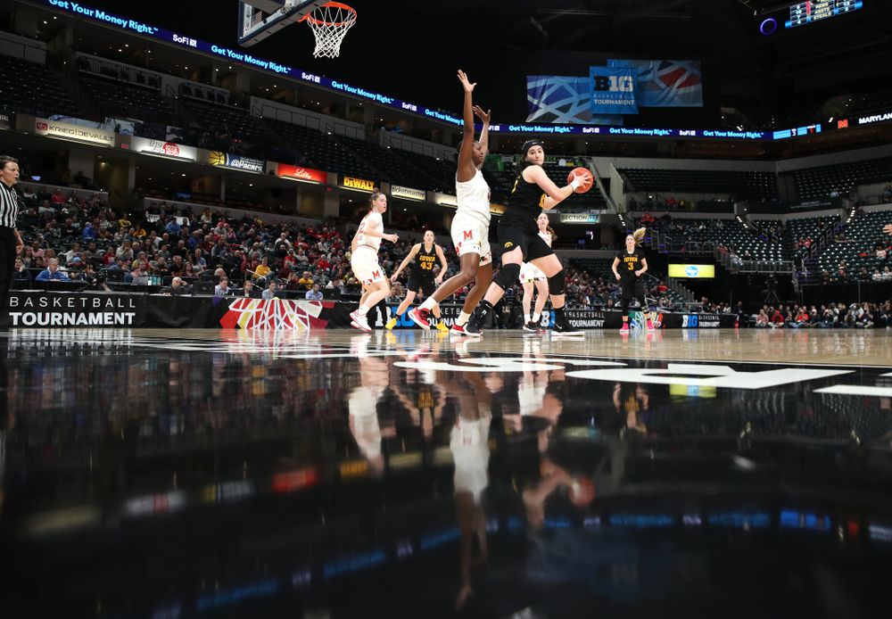 Iowa Hawkeyes forward Megan Gustafson (10) against the Maryland Terrapins in the Big Ten Championship Game Sunday, March 10, 2019 in Indianapolis, Ind. (Brian Ray/hawkeyesports.com)