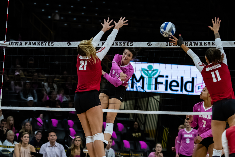 Iowa Hawkeyes middle blocker Sarah Wing (13) against the Wisconsin Badgers Saturday, October 6, 2018 at Carver-Hawkeye Arena. (Clem Messerli/Iowa Sports Pictures)