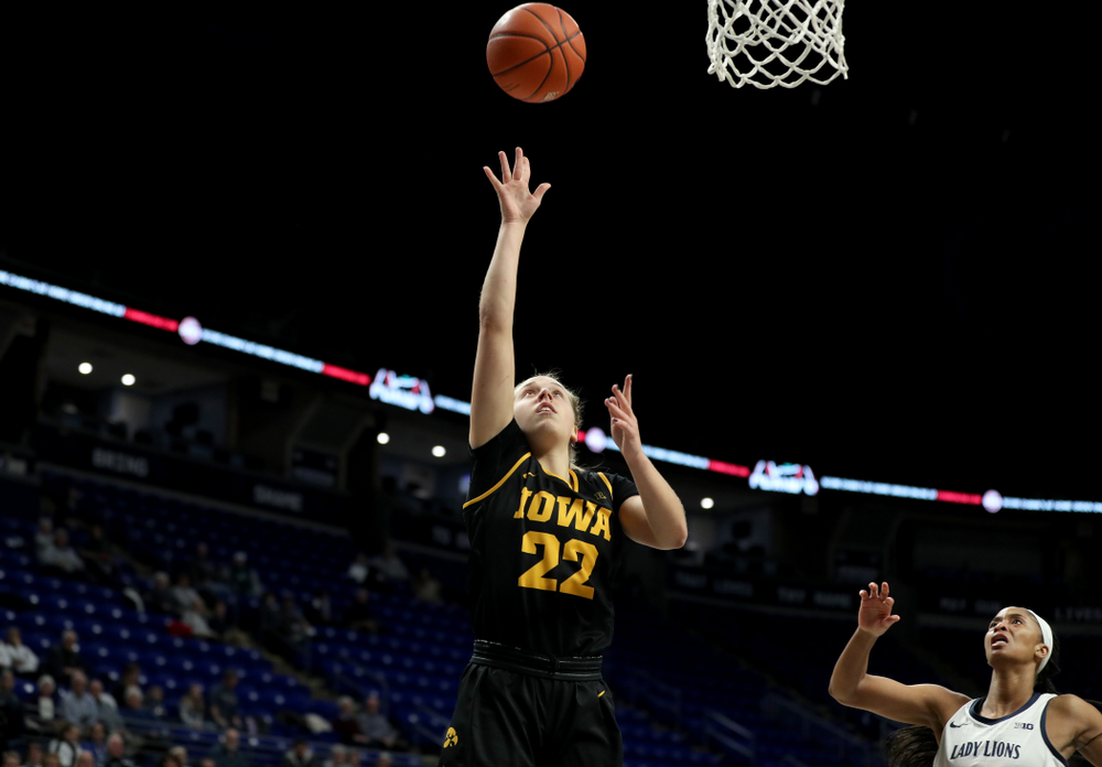 Iowa Hawkeyes guard Kathleen Doyle (22) against the Penn State Nittany Lions Thursday, January 30, 2020 at the Bryce Jordan Center. (Brian Ray/hawkeyesports.com)