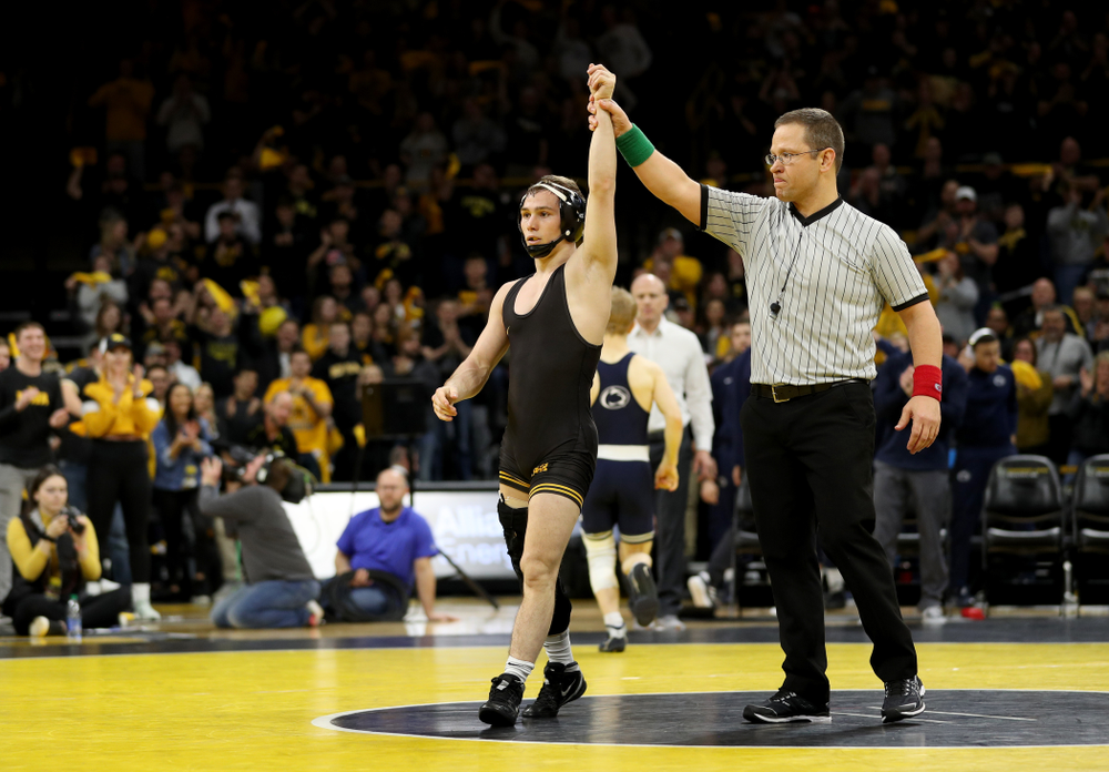 Iowa’s Spencer Lee wrestles Penn State’s Brandon Meredith at 125 pounds Friday, January 31, 2020 at Carver-Hawkeye Arena.Lee won the match by technical fall. (Brian Ray/hawkeyesports.com)