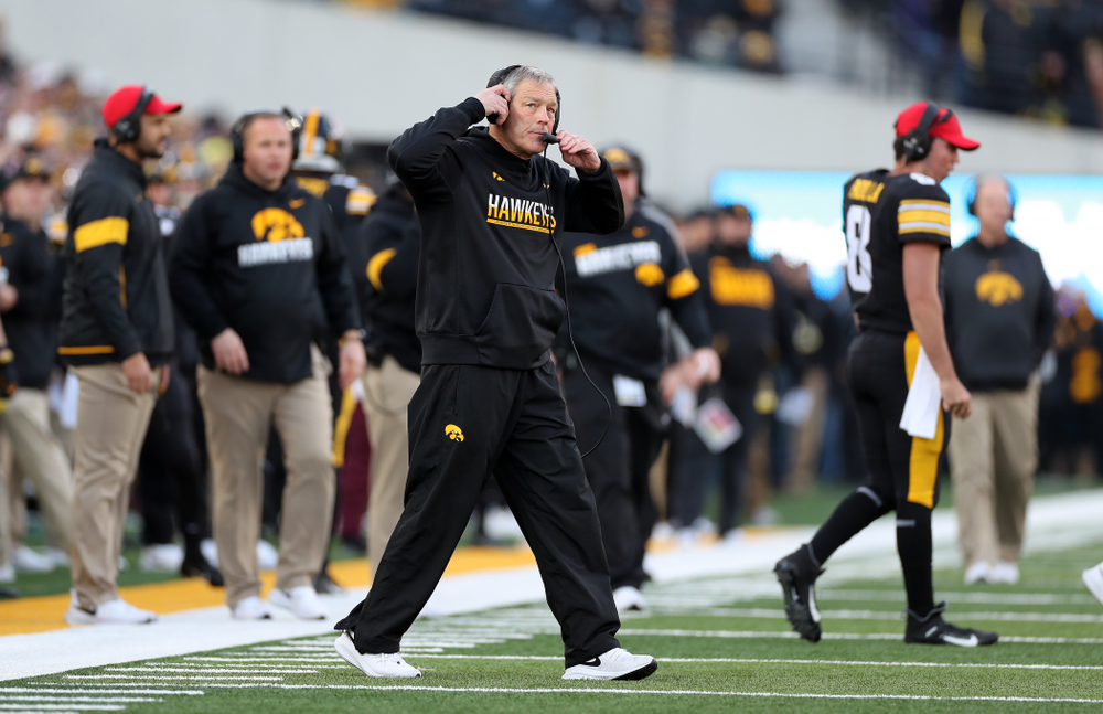 Iowa Hawkeyes head coach Kirk Ferentz against the Minnesota Golden Gophers Saturday, November 16, 2019 at Kinnick Stadium. (Brian Ray/hawkeyesports.com)