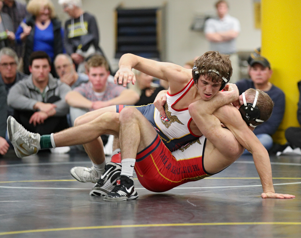 Iowa’s Carter Happel (right) takes Justin Stickley to the mat during their preseason match at the Dan Gable Wrestling Complex at Carver-Hawkeye Arena in Iowa City on Thursday, Nov 7, 2019. (Stephen Mally/hawkeyesports.com)
