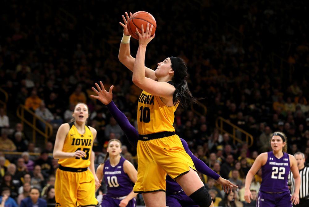 Iowa Hawkeyes forward Megan Gustafson (10) against the Northwestern Wildcats Sunday, March 3, 2019 at Carver-Hawkeye Arena. (Brian Ray/hawkeyesports.com)