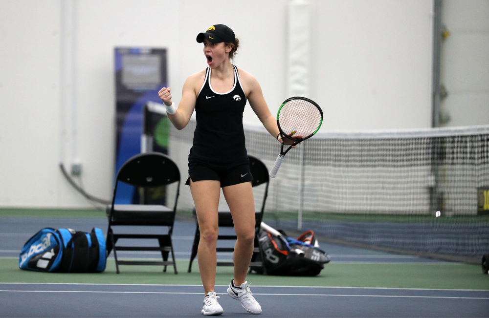 Iowa's Samantha Mannix and Elise Van Heuvelen Treadwell play a doubles match against the Penn State Nittany Lions Sunday, February 24, 2019 at the Hawkeye Tennis and Recreation Complex. (Brian Ray/hawkeyesports.com)
