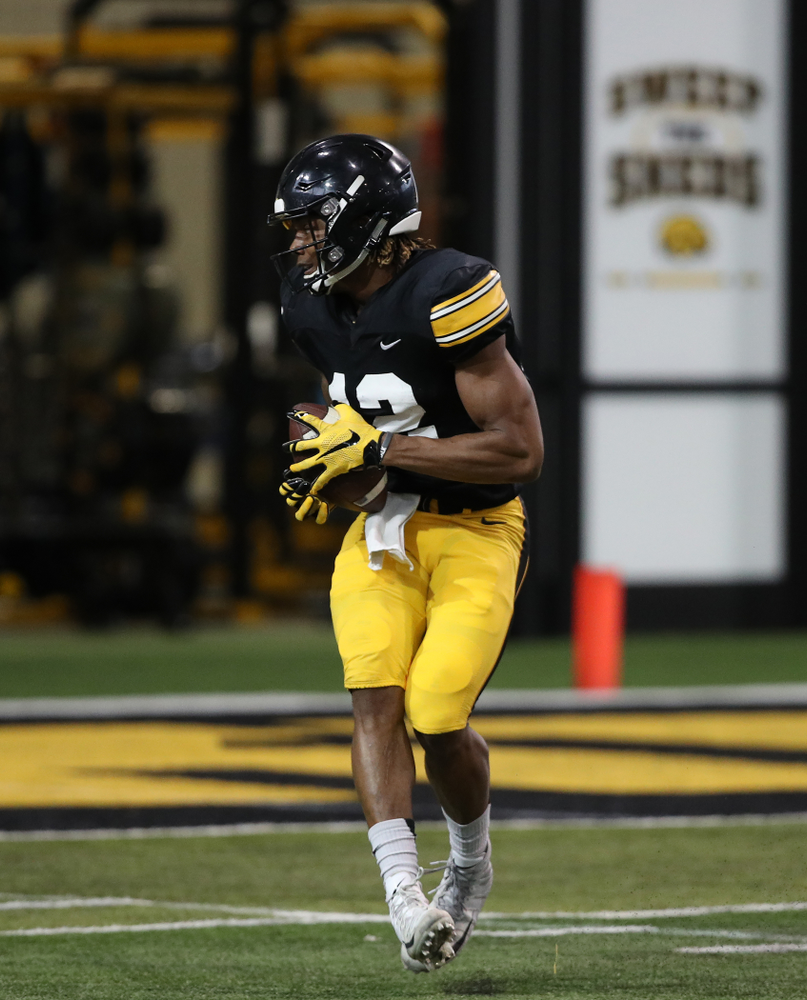 Iowa Hawkeyes wide receiver Brandon Smith (12) during preparation for the 2019 Outback Bowl Wednesday, December 19, 2018 at the Hansen Football Performance Center. (Brian Ray/hawkeyesports.com)