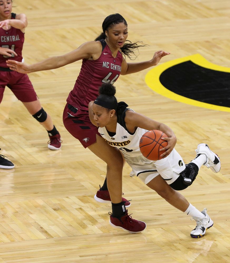 Iowa Hawkeyes guard Tania Davis (11) dribbles to the wing during a game against North Carolina Central at Carver-Hawkeye Arena on November 17, 2018. (Tork Mason/hawkeyesports.com)