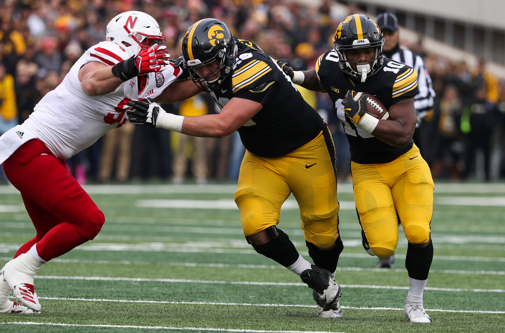 Iowa Hawkeyes running back Mekhi Sargent (10) runs the ball during a game against Nebraska at Kinnick Stadium on November 23, 2018. (Tork Mason/hawkeyesports.com)