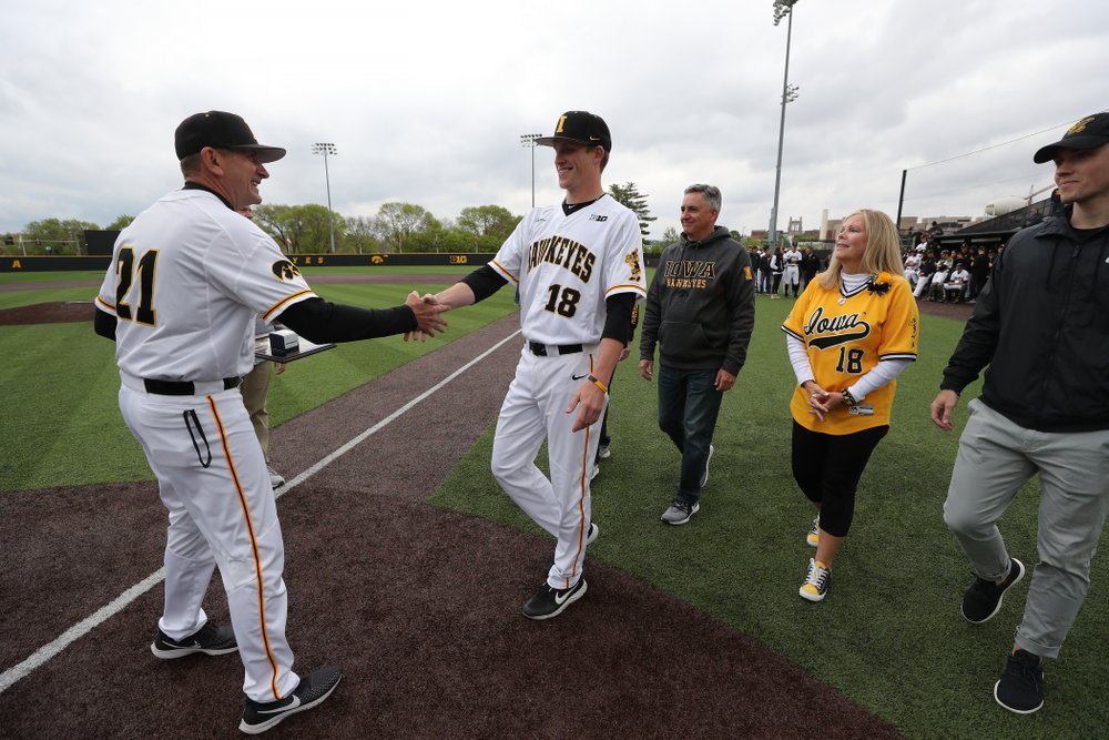 Iowa Hawkeyes Shane Ritter (18) during senior day festivities before their game against Michigan State Sunday, May 12, 2019 at Duane Banks Field. (Brian Ray/hawkeyesports.com)
