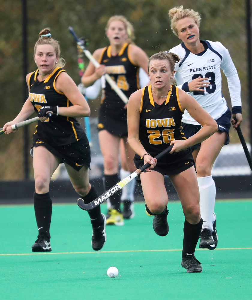 Iowa Hawkeyes forward Madeleine Murphy (26) dribbles the ball during a game against No. 6 Penn State at Grant Field on October 12, 2018. (Tork Mason/hawkeyesports.com)