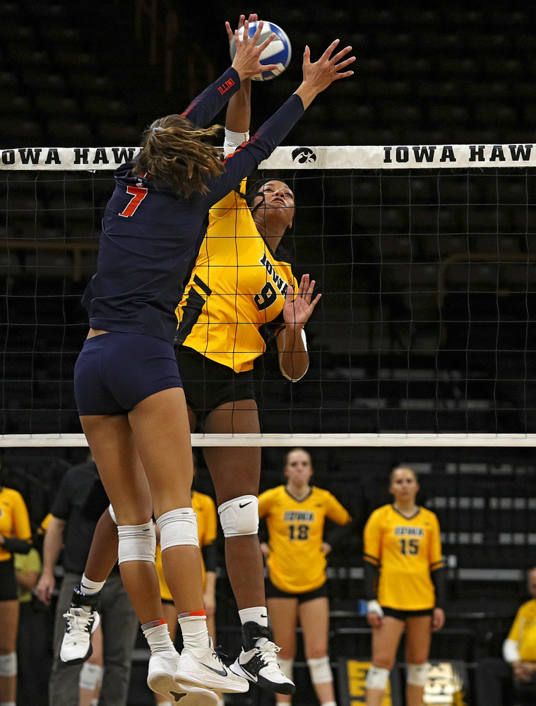 Iowa’s Amiya Jones (9) gets a kill during the third set of their match against Illinois at Carver-Hawkeye Arena in Iowa City on Wednesday, Nov 6, 2019. (Stephen Mally/hawkeyesports.com)