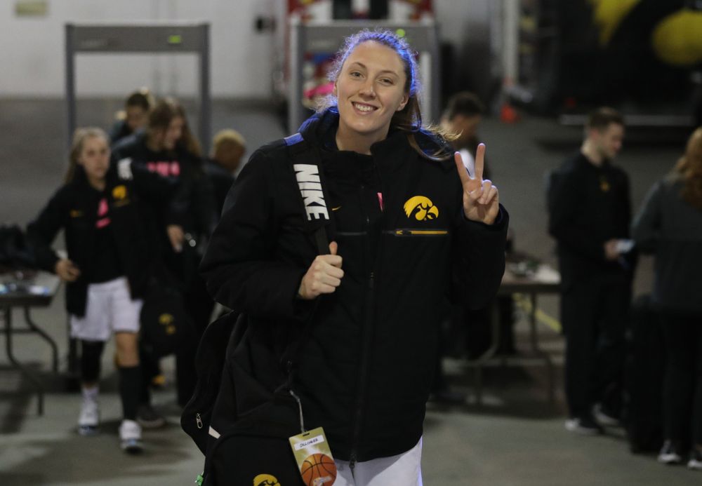 Iowa Hawkeyes forward Amanda Ollinger (43) against the Rutgers Scarlet Knights in the semi-finals of the Big Ten Tournament Saturday, March 9, 2019 at Bankers Life Fieldhouse in Indianapolis, Ind. (Brian Ray/hawkeyesports.com)