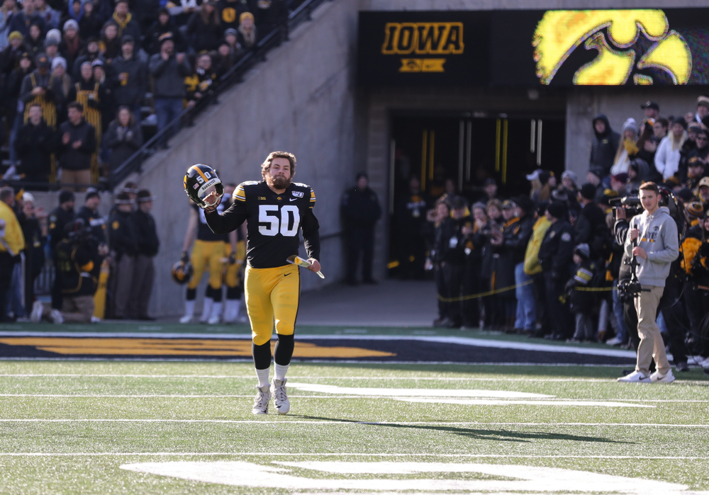 Iowa Hawkeyes long snapper Jackson Subbert (50) during Senior Day festivities before their game against the Illinois Fighting Illini Saturday, November 23, 2019 at Kinnick Stadium. (Brian Ray/hawkeyesports.com)