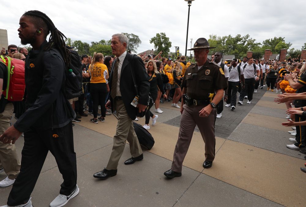 Iowa Hawkeyes head coach Kirk Ferentz arrives for their game against the Miami RedHawks Saturday, August 31, 2019 at Kinnick Stadium in Iowa City. (Brian Ray/hawkeyesports.com)