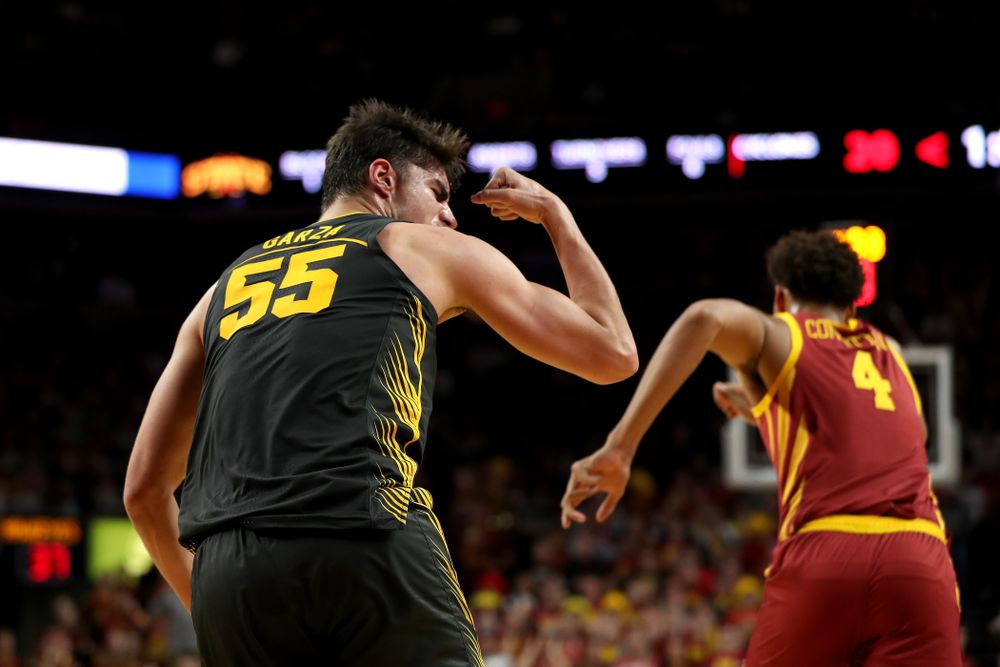 Iowa Hawkeyes forward Luka Garza (55) against the Iowa State Cyclones Thursday, December 12, 2019 at Hilton Coliseum in Ames, Iowa(Brian Ray/hawkeyesports.com)