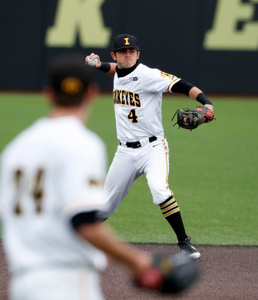 Iowa Hawkeyes infielder Mitchell Boe (4) during a double header against the Indiana Hoosiers Friday, March 23, 2018 at Duane Banks Field. (Brian Ray/hawkeyesports.com)