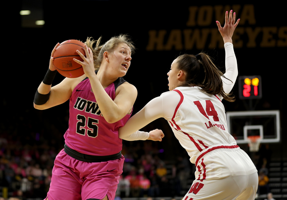 Iowa Hawkeyes forward/center Monika Czinano (25) against the Wisconsin Badgers Sunday, February 16, 2020 at Carver-Hawkeye Arena. (Brian Ray/hawkeyesports.com)