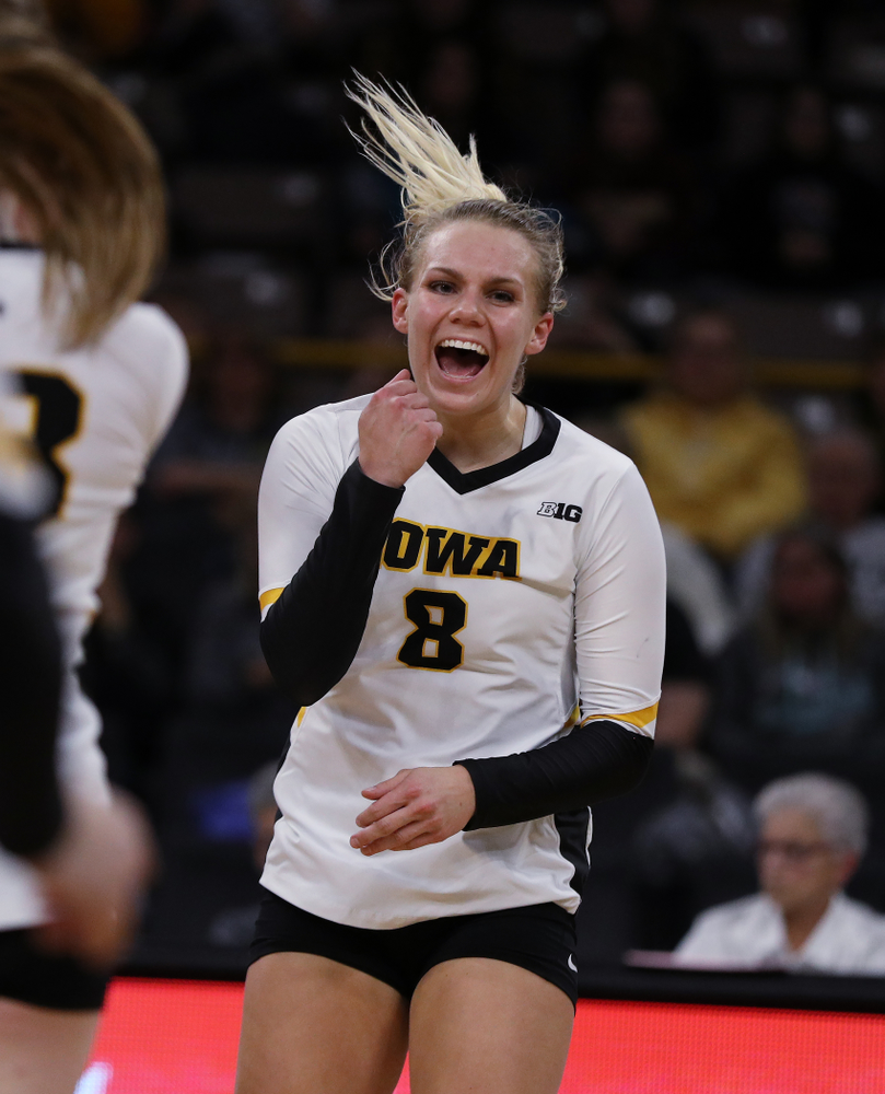 Iowa Hawkeyes right side hitter Reghan Coyle (8) against the Ohio State Buckeyes Saturday, November 24, 2018 at Carver-Hawkeye Arena. (Brian Ray/hawkeyesports.com)