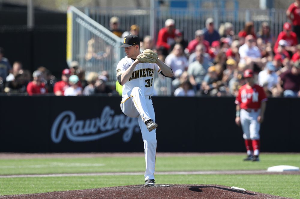 Iowa Hawkeyes Cam Baumann (35) against the Nebraska Cornhuskers Saturday, April 20, 2019 at Duane Banks Field. (Brian Ray/hawkeyesports.com)
