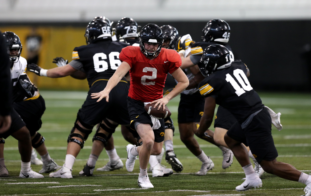 Iowa Hawkeyes quarterback Peyton Mansell (2) during practice Wednesday, December 12, 2018 at the Hansen Football Performance Center in preparation for the Outback Bowl game against Mississippi State. (Brian Ray/hawkeyesports.com)
