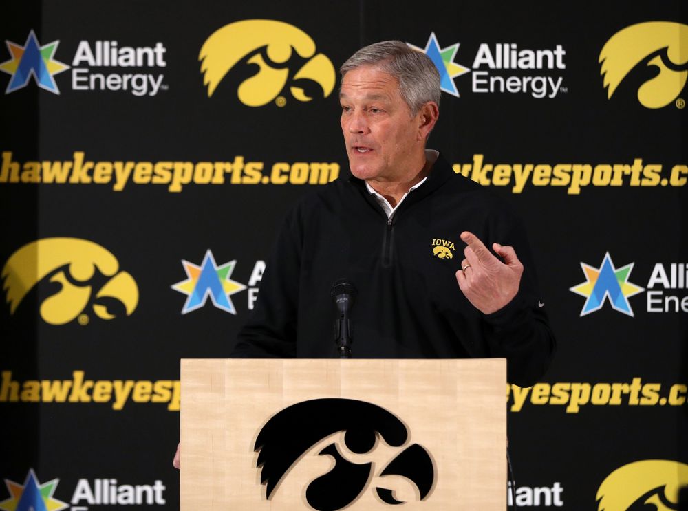 Iowa Hawkeyes head coach Kirk Ferentz addresses the media about the Hawkeyes selection to face Mississippi State in the Outback Bowl Sunday, December 2, 2018 at the Hansen Football Performance Center. (Brian Ray/hawkeyesports.com)