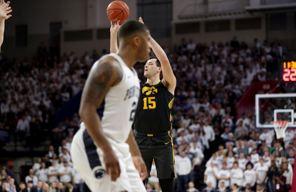 Iowa Hawkeyes forward Ryan Kriener (15) against Penn State Saturday, January 4, 2020 at the Palestra in Philadelphia. (Brian Ray/hawkeyesports.com)