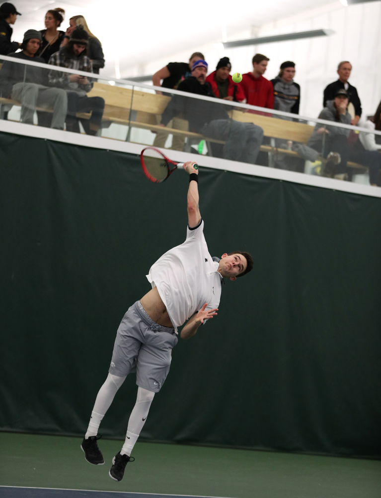 Iowa's Jonas Larson during a doubles match against Western Michigan Saturday, January 19, 2019 at the Hawkeye Tennis and Recreation Complex. (Brian Ray/hawkeyesports.com)