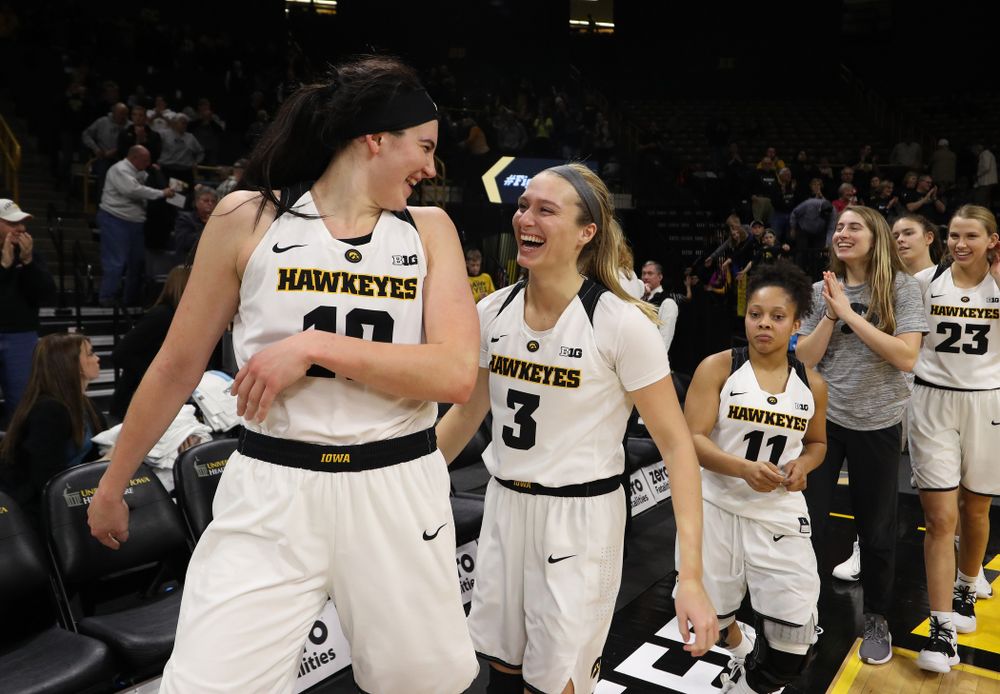 Iowa Hawkeyes forward Megan Gustafson (10) and guard Makenzie Meyer (3) against the Michigan Wolverines Thursday, January 17, 2019 at Carver-Hawkeye Arena. (Brian Ray/hawkeyesports.com)