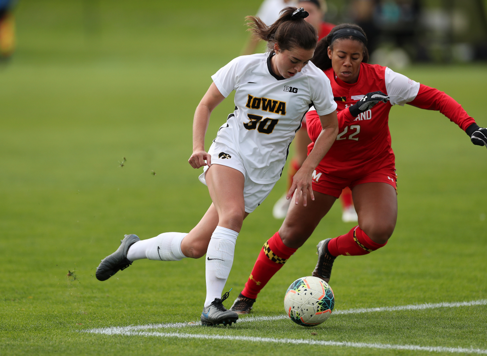 Iowa Hawkeyes forward Devin Burns (30) against the Maryland Terrapins Sunday, October 13, 2019 on senior day. (Brian Ray/hawkeyesports.com)