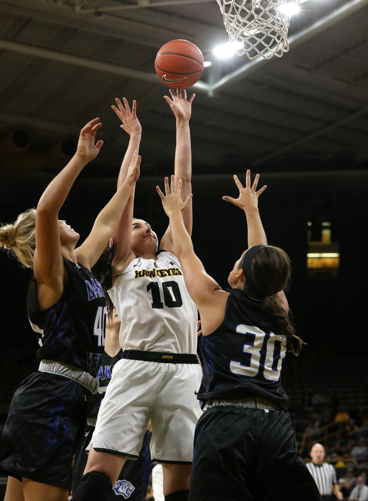 Iowa Hawkeyes forward Megan Gustafson (10) against Dakota Wesleyan University Tuesday, November 6, 2018 at Carver-Hawkeye Arena. (Brian Ray/hawkeyesports.com)