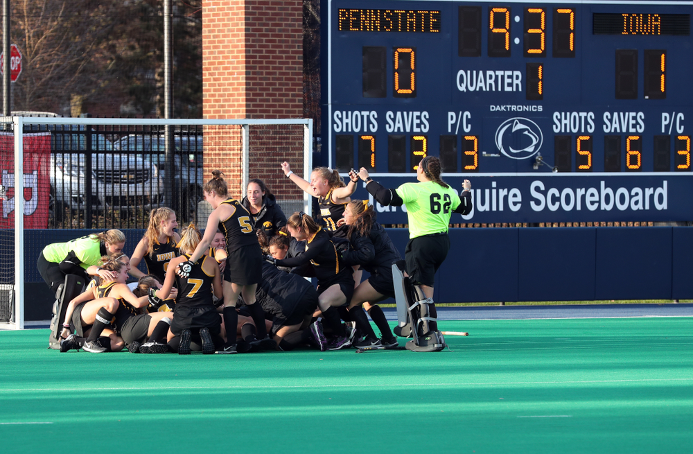 The Iowa Hawkeyes celebrate their 1-0 overtime victory over Penn State to win the 2019 Big Ten Field Hockey Tournament Sunday, November 10, 2019 at Penn State (Brian Ray/hawkeyesports.com)