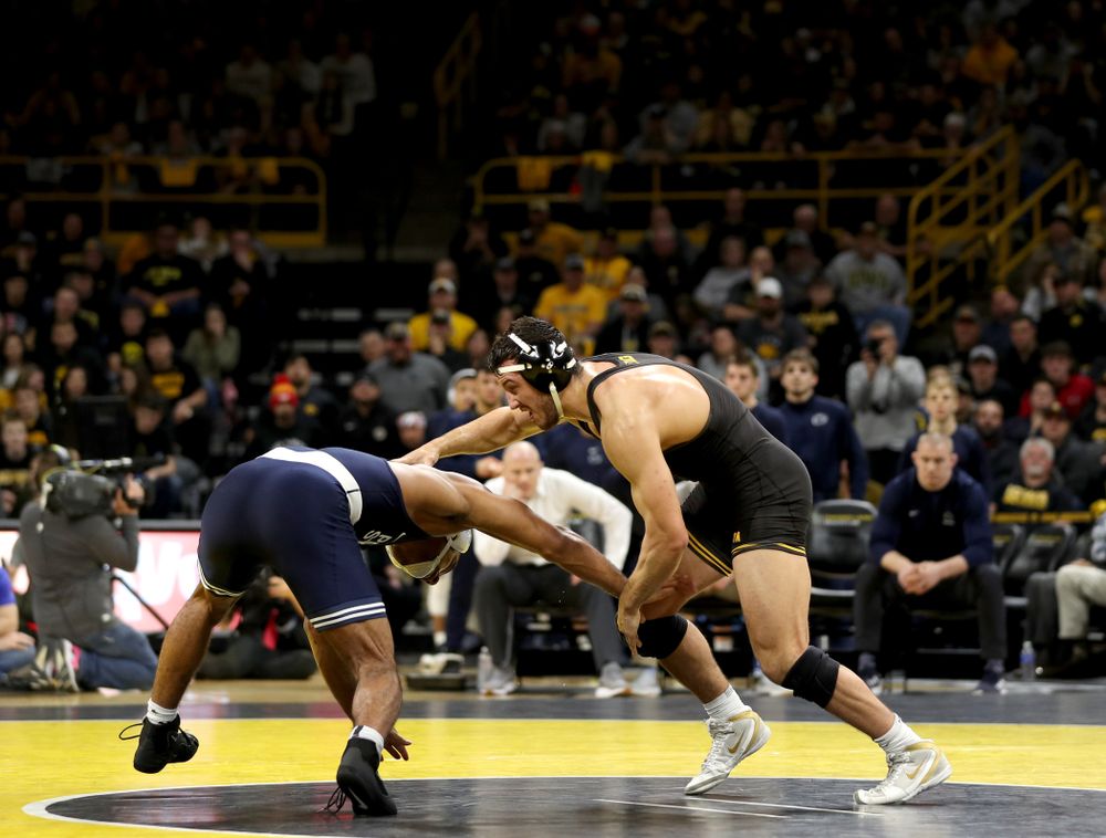 Iowa’s Michael Kemerer wrestles Penn State’s Mark Hall at 174 pounds Friday, January 31, 2020 at Carver-Hawkeye Arena. Kemerer won the match 11-6. (Brian Ray/hawkeyesports.com)