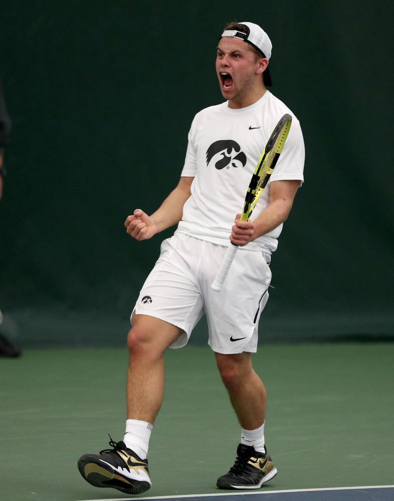 Iowa’s Will Davies against Cornell Sunday, March 8, 2020 at the Hawkeye Tennis and Recreation Center. (Brian Ray/hawkeyesports.com)