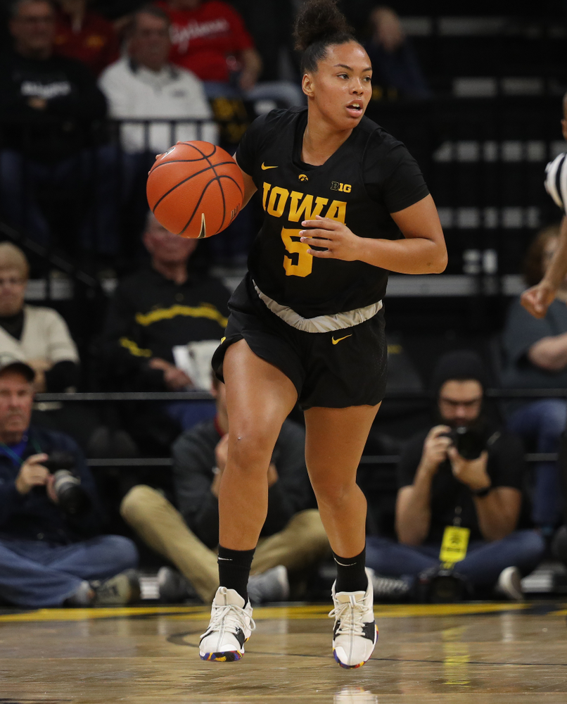 Iowa Hawkeyes guard Alexis Sevillian (5) against the Iowa State Cyclones in the Iowa Corn Cy-Hawk Series Wednesday, December 5, 2018 at Carver-Hawkeye Arena. (Brian Ray/hawkeyesports.com)