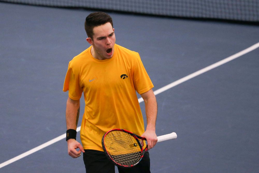 Iowa's Jonas Larsen at a tennis match vs Drake Friday, March 8, 2019 at the Hawkeye Tennis and Recreation Complex. (Lily Smith/hawkeyesports.com)