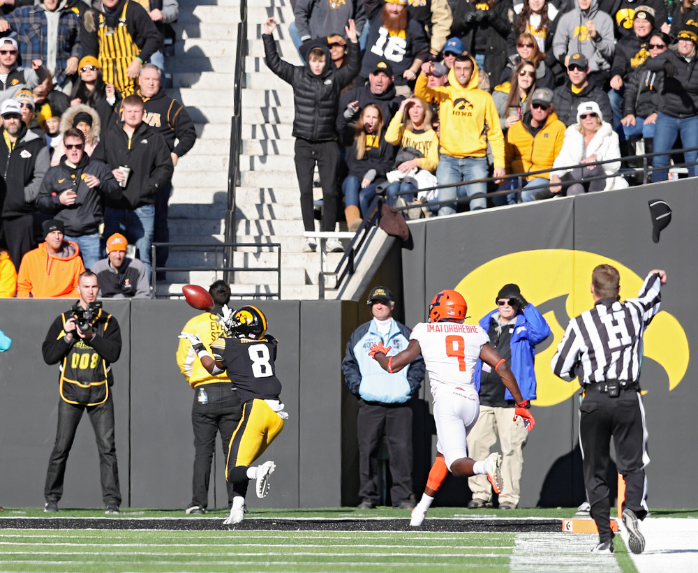 Iowa Hawkeyes defensive back Matt Hankins (8) intercepts a pass during the third quarter of their game at Kinnick Stadium in Iowa City on Saturday, Nov 23, 2019. (Stephen Mally/hawkeyesports.com)
