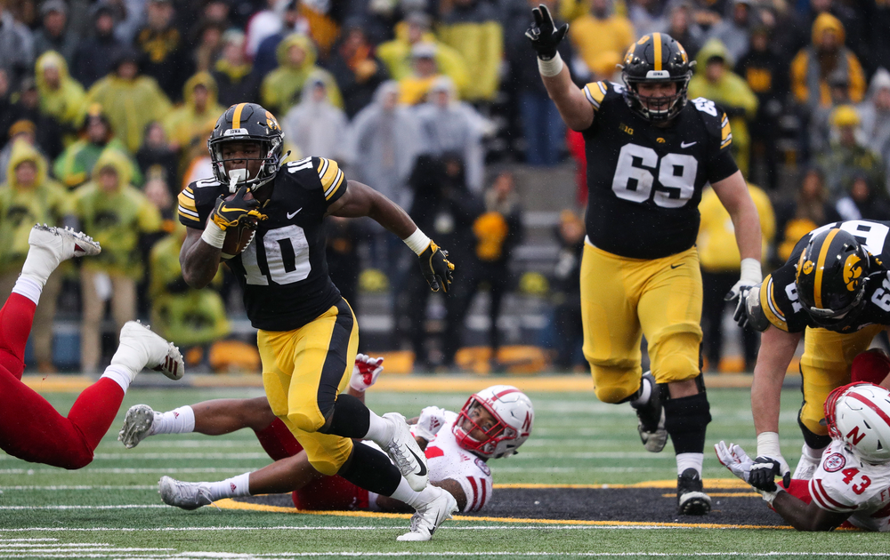 Iowa Hawkeyes running back Mekhi Sargent (10) runs the ball during a game against Nebraska at Kinnick Stadium on November 23, 2018. (Tork Mason/hawkeyesports.com)