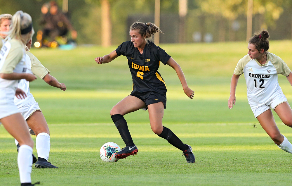 Iowa midfielder Isabella Blackman (6) moves with the ball during the first half of their match against Western Michigan at the Iowa Soccer Complex in Iowa City on Thursday, Aug 22, 2019. (Stephen Mally/hawkeyesports.com)