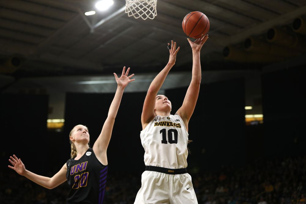 Iowa Hawkeyes forward Megan Gustafson (10) against the Northern Iowa Panthers in the Hy-Vee Classic Sunday, December 16, 2018 at Carver-Hawkeye Arena. (Brian Ray/hawkeyesports.com)