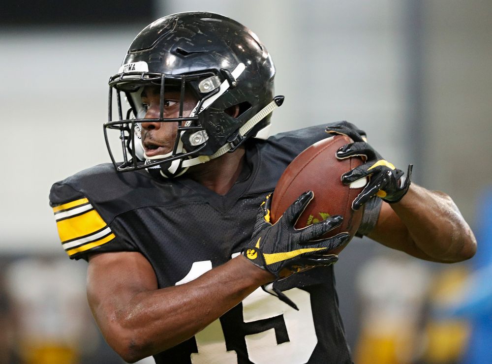 Iowa Hawkeyes running back Tyler Goodson (15) pulls in a pass during Fall Camp Practice No. 6 at the Hansen Football Performance Center in Iowa City on Thursday, Aug 8, 2019. (Stephen Mally/hawkeyesports.com)