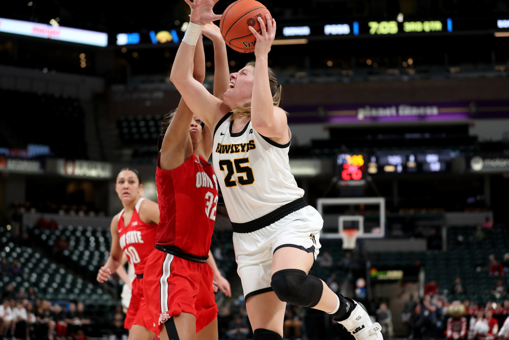 Iowa Hawkeyes forward/center Monika Czinano (25) against Ohio State in the quarterfinals of the Big Ten Basketball Tournament Friday, March 6, 2020 at Bankers Life Fieldhouse in Indianapolis. (Brian Ray/hawkeyesports.com)